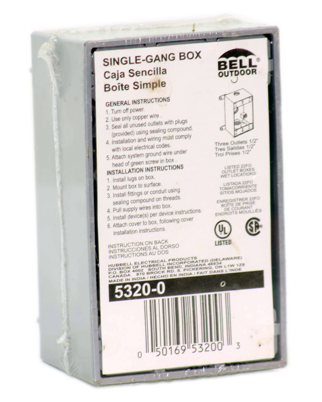 Bell 5320-0 Single Gang Box Three Outlets 1/2 Inch, Listed 22FO Outlet Boxes, Wet Locations