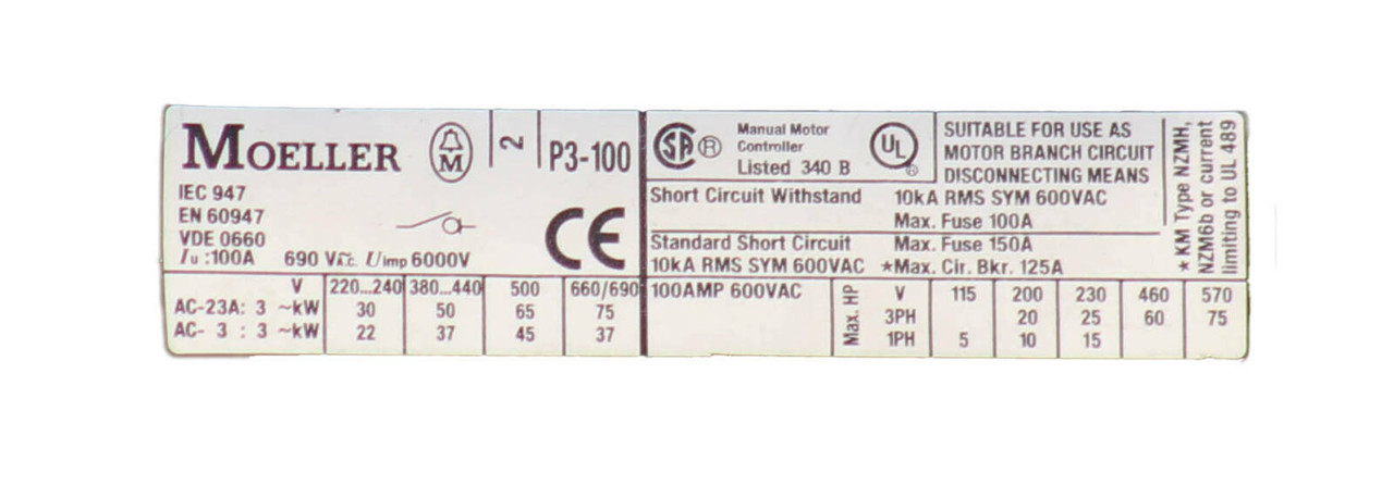 Moeller P3-100 Disconnect Switch 100A 600V 3P NEMA: 1 Non-Fusible: Yes