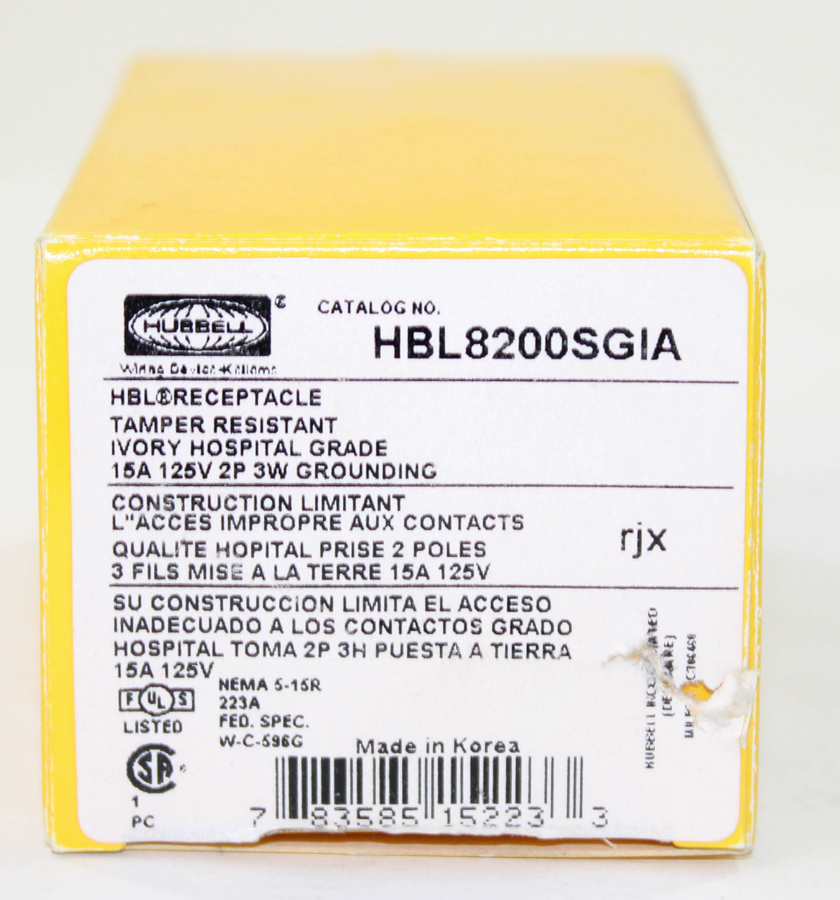 Hubbell Receptacle HBL8200SGIA 15A 125V 2P 3W Nema 5-15R Tamper Resistant Hospital Grade Grounding