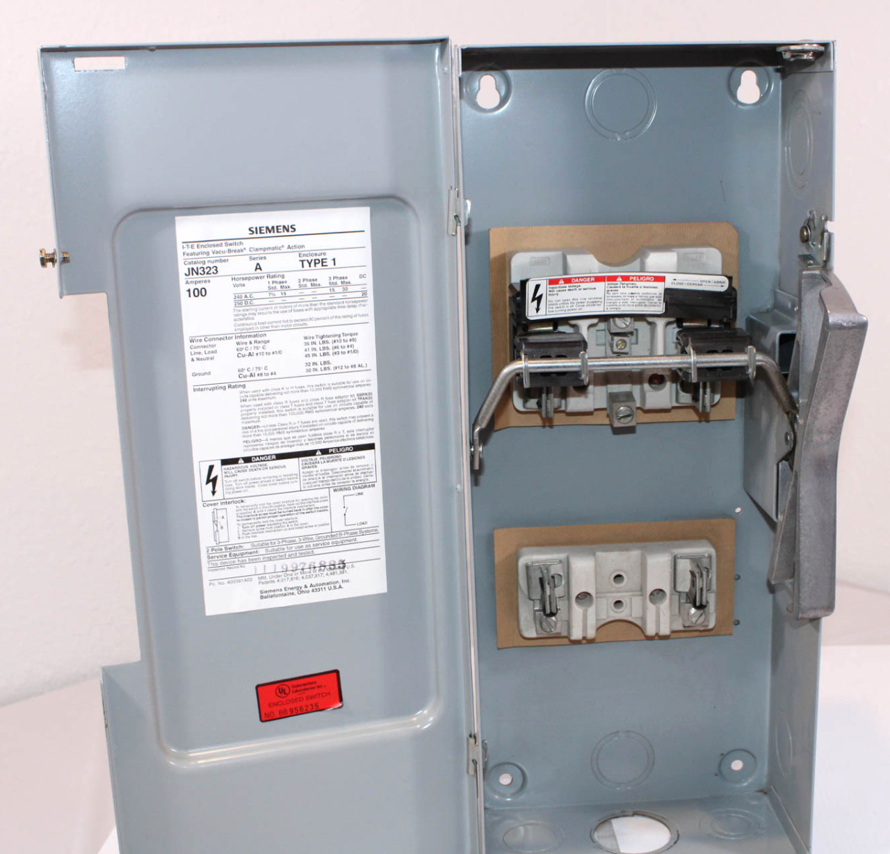 Siemens JN323 Vacu-Break Switch 100A 240V 3P NEMA: 1 Fusible: Yes With Clampmatic Contacts