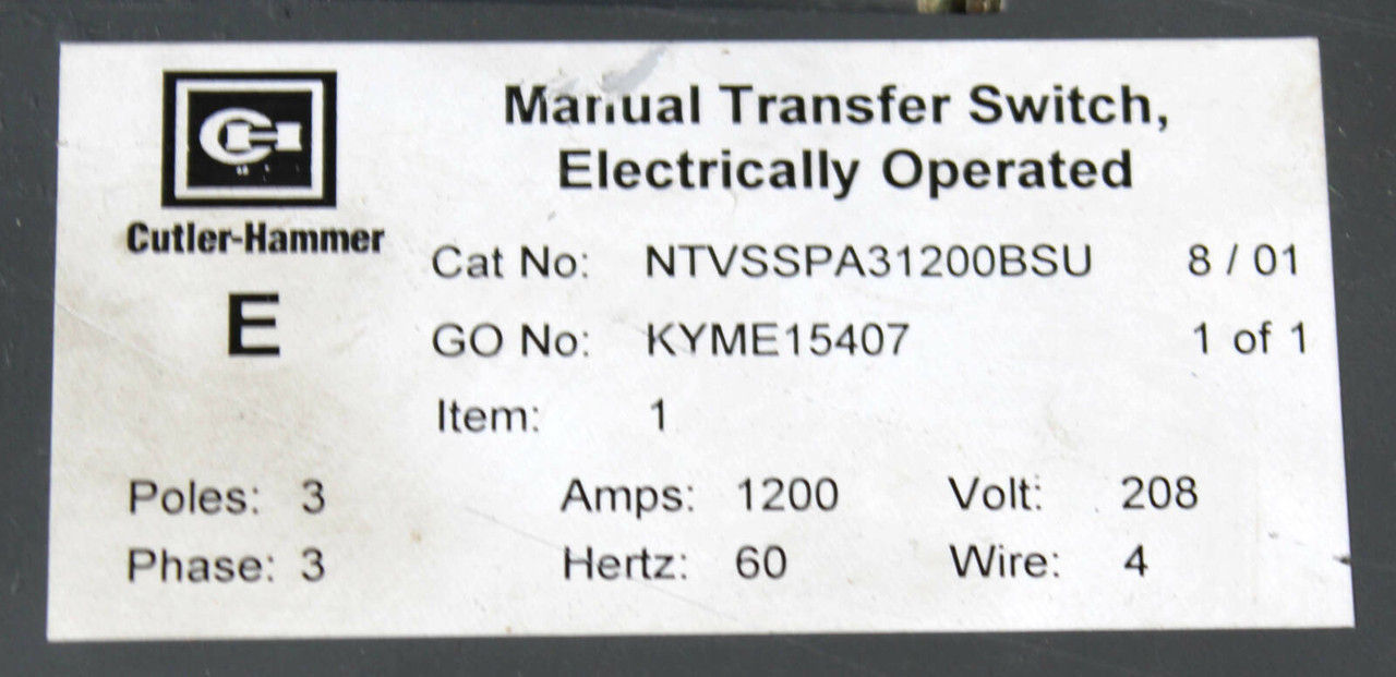 Cutler-Hammer SPBN Electrically Operated Manual Transfer Switch | 1200A | 3-Pole | 3-Phase | 4-Wire | 35kVA | 120V Shunt Trip & SPBAUX164 Auxiliary