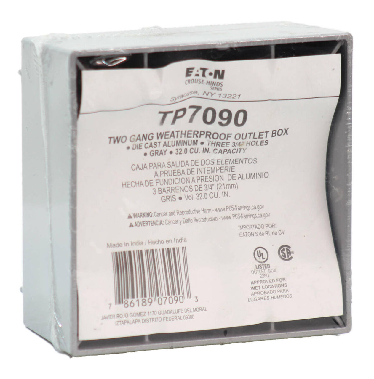 Crouse-Hinds TP7090 Outlet Box Two Gang Wheatherproof, (3) 3/4 Inch Holes, 32 CU IN Capacity, Gray