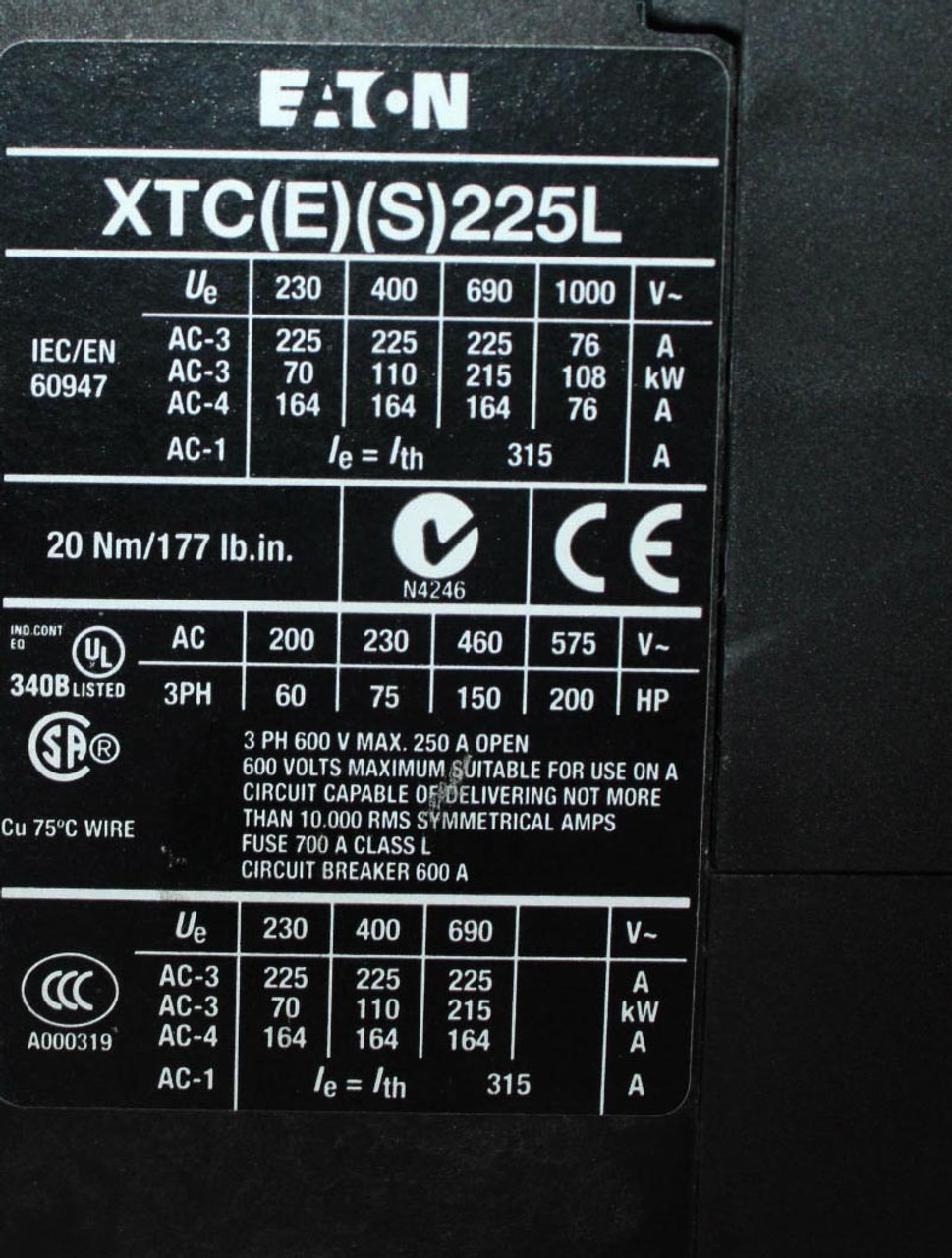 Eaton XTCE225L Contactor 225A 600V 3Ph Coil 24-48V w/Auxiliary XTCEXS BN11