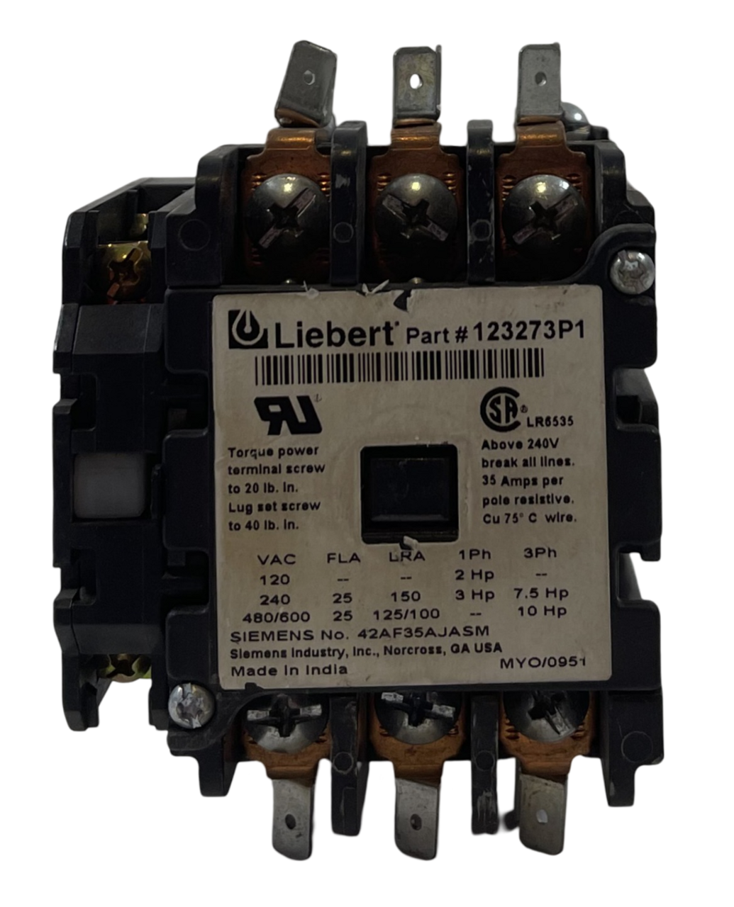 Liebert 123273P1 Contactor 25FLA 3P 240V 24V Coil W/Auxiliary Contact 49ACR6
