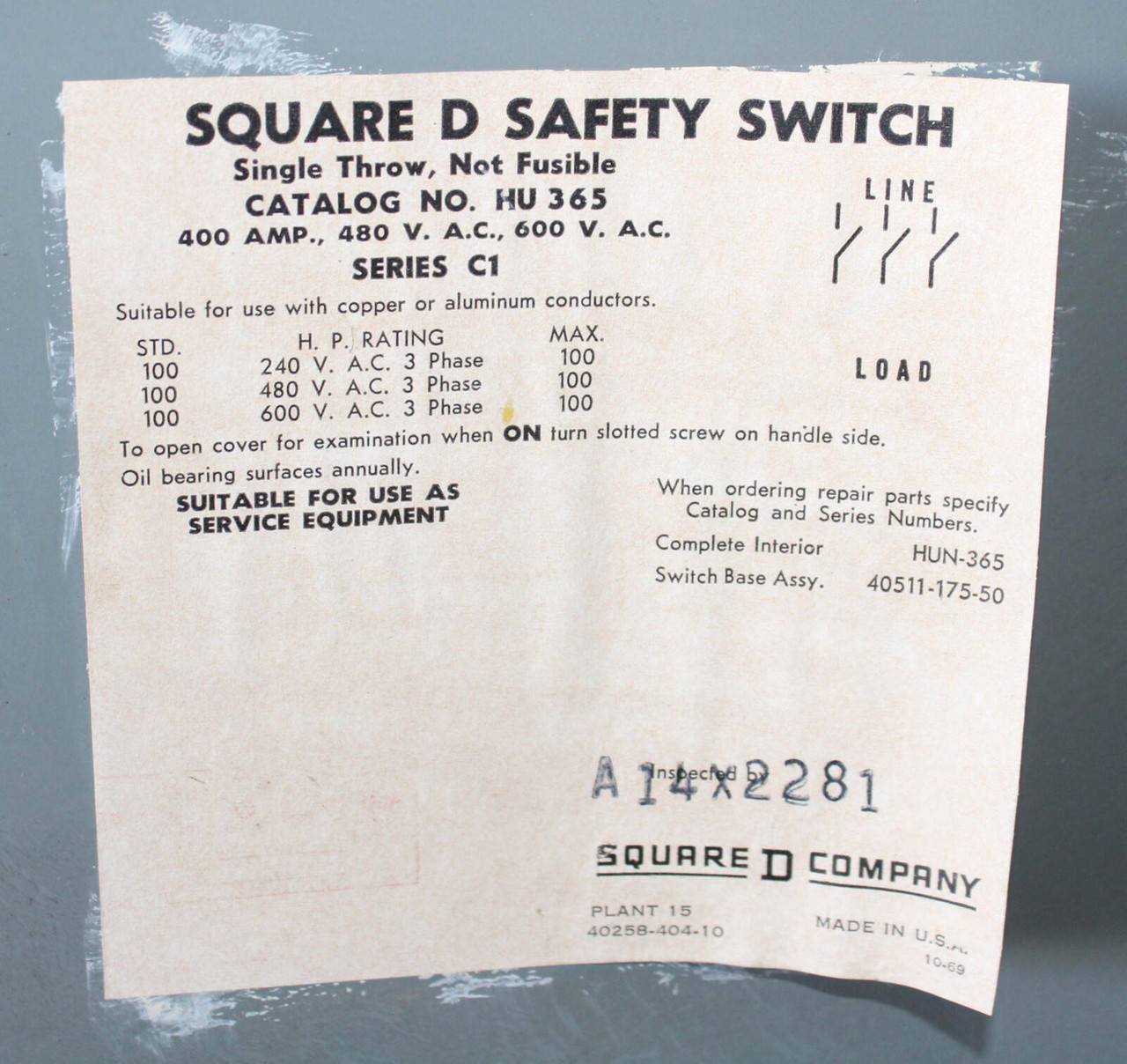 Square D HU365 Heavy Duty Non-Fusible Disconnect | 400A 600V AC/DC | 3-Pole | NEMA 1 Indoor