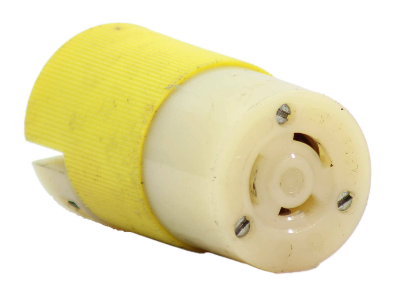 Hubbell HBL23CM13 Twist-Lock Plug 20A 25-250V 3P Locking Devices, Twist-Lock, Marine Grade, Female Insul Grip Connector Body, 20A 125V AC, 2-Pole 3-Wire Grounding, NEMA L5-20R, Screw Terminal, Yellow Nylon