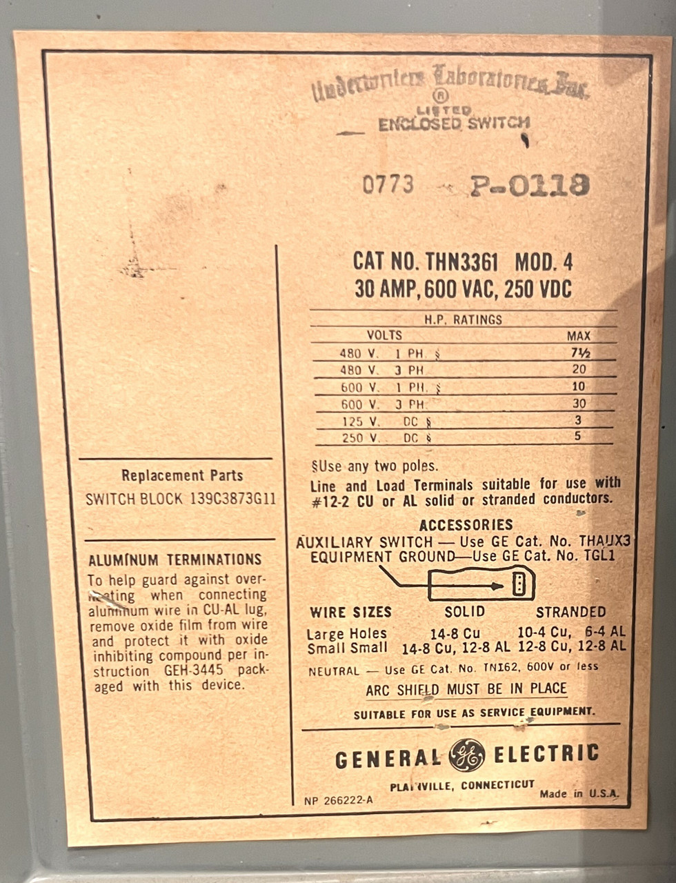 General Electric THN3361 Non-Fusible Disconnect | 30A | 3P | 600V | NEMA 5/12 | Heavy Duty