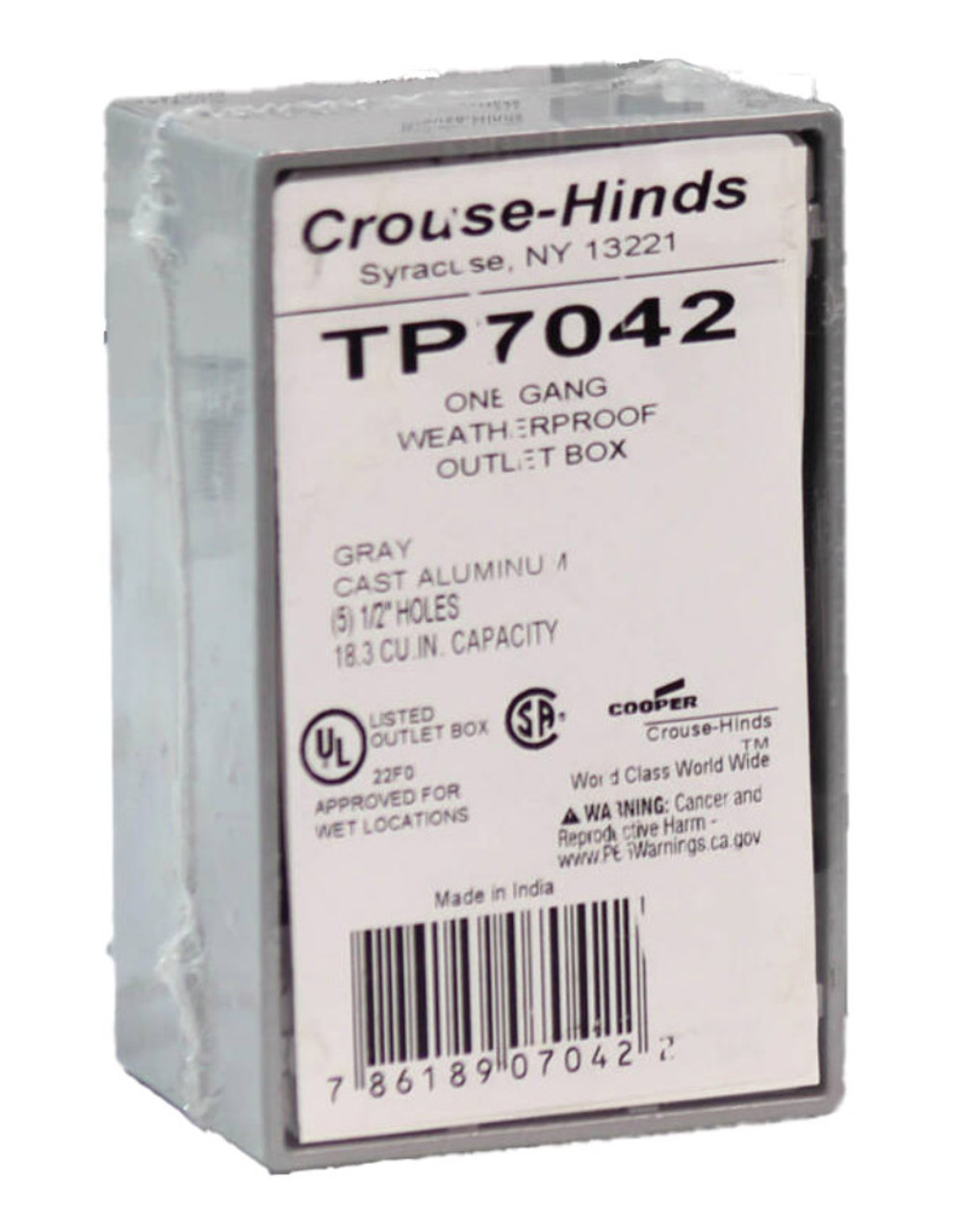 Crouse-Hinds TP7042 Outlet Box One Gang Weatherproof, (5) 1/2 Inch holes, 18.3 CU IN Capacity, Gray