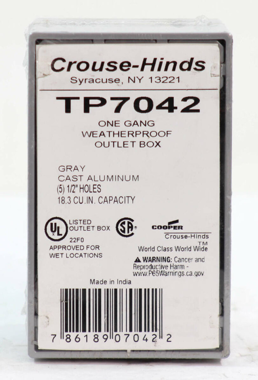 Crouse-Hinds TP7042 Outlet Box One Gang Weatherproof, (5) 1/2 Inch holes, 18.3 CU IN Capacity, Gray