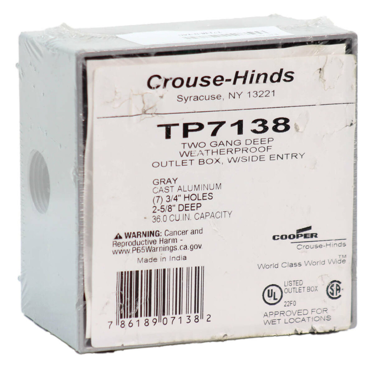 Crouse-Hinds TP7138 Outlet Box Two Gang Deep Weatherproof with Side Entry (7) 3/4 Inch Hole, 2-5/8 Inch Deep, 36.0 CU Inch Capacity