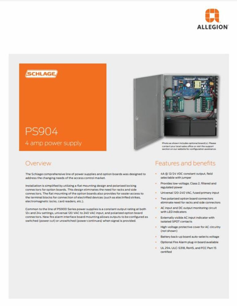 Schlage PS904-2RS Power Supply 4A Input: 120/240 VAC 1.7A 50/60Hz Output: 4A DC at 12/24 VDC High Voltage Class 1 Wiring Required