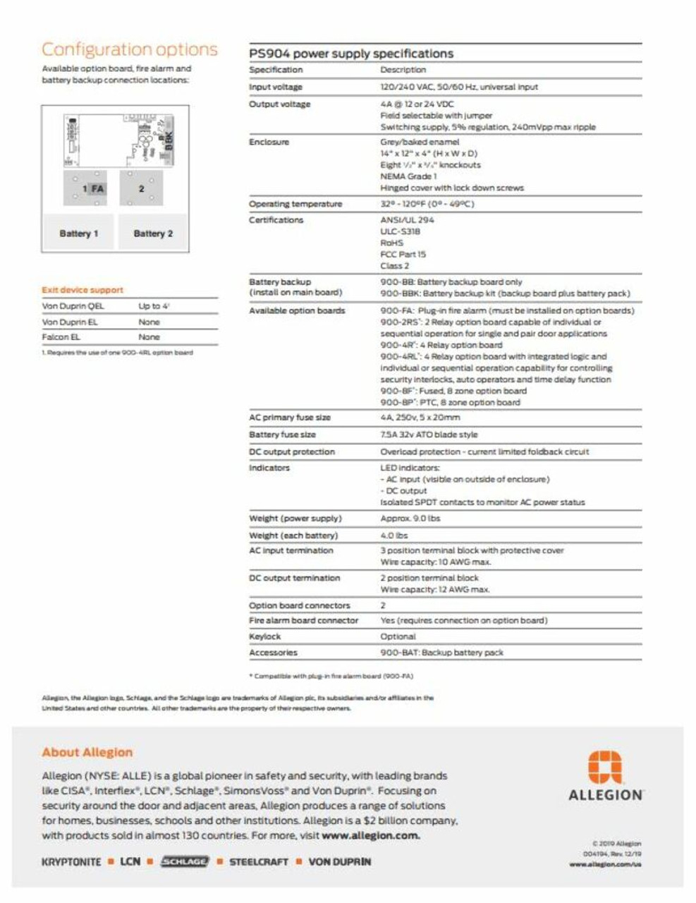 Schlage PS904-2RS Power Supply 4A Input: 120/240 VAC 1.7A 50/60Hz Output: 4A DC at 12/24 VDC High Voltage Class 1 Wiring Required