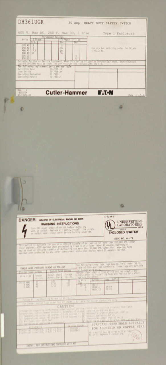 Eaton DH361UGK Non-Fusible Disconnect 30A 600V 3P NEMA: 1 Non-Fusible: Yes Heavy Duty Safety Switch