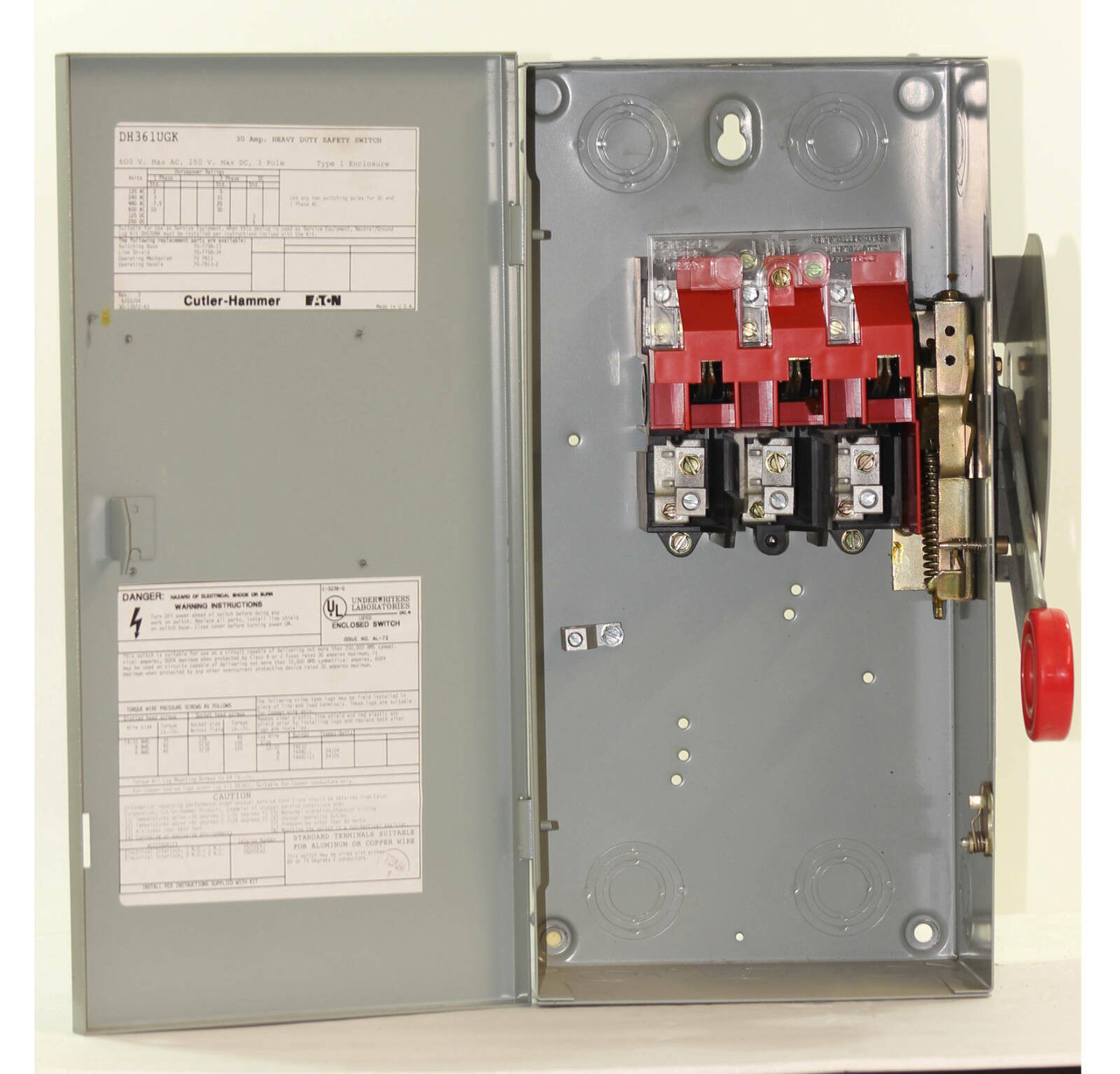 Eaton DH361UGK Non-Fusible Disconnect 30A 600V 3P NEMA: 1 Non-Fusible: Yes Heavy Duty Safety Switch