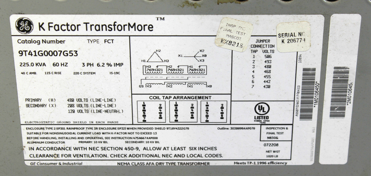 General Electric 9T41G0007G53 Transformer 225KVA Primary: 480 Secondary: 208