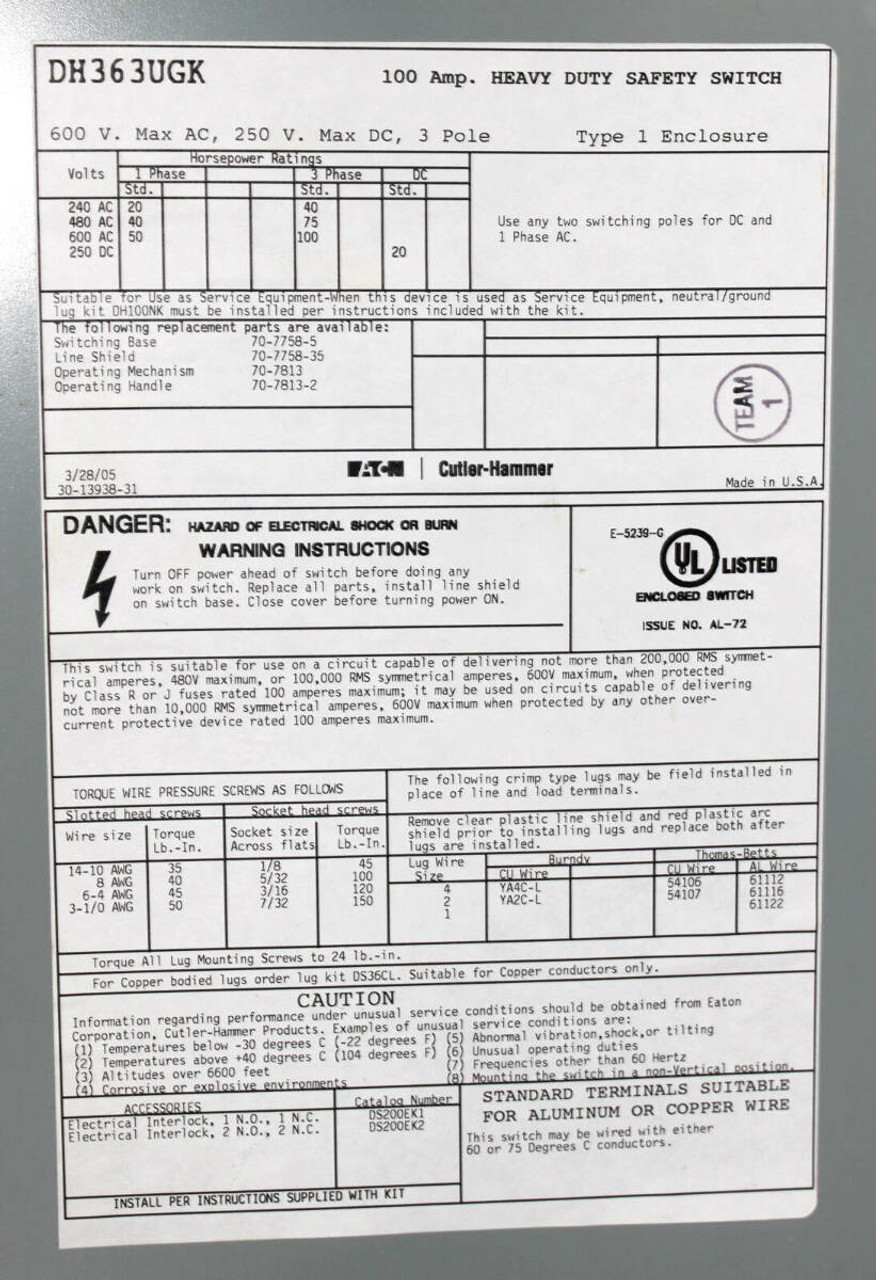 Eaton DH363UGK Non-Fusible Disconnect 100A 600V 3P NEMA: 1 60Hz