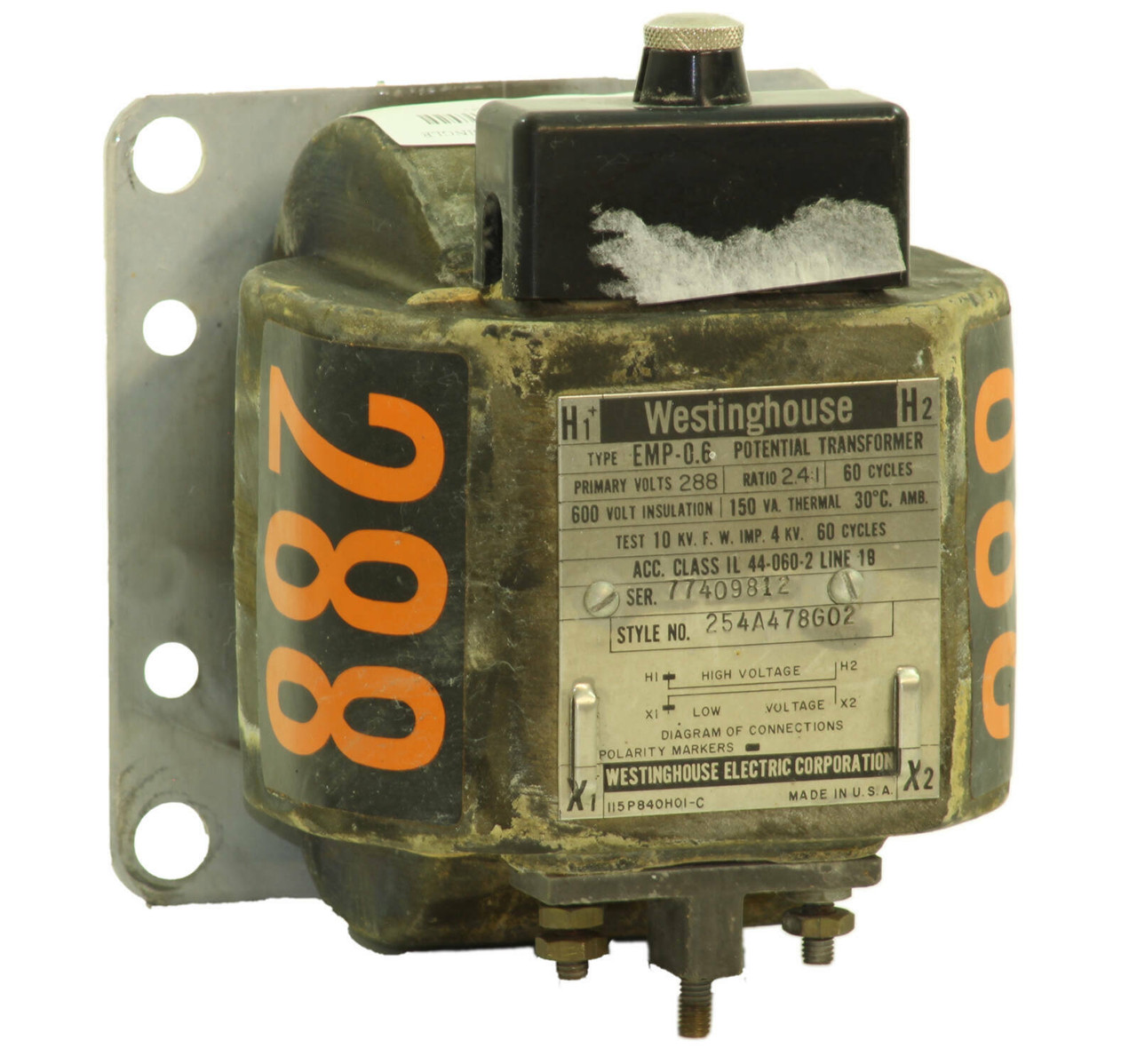 Westinghouse 254A478G02 Potential Transformer 4KVA Primary: 288 Secondary: 120