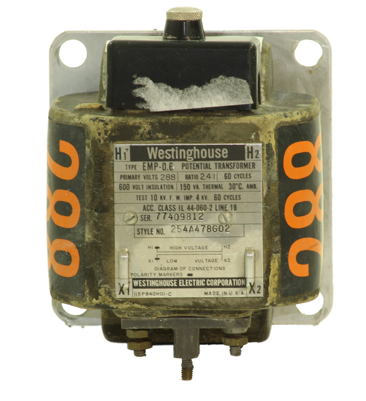 Westinghouse 254A478G02 Potential Transformer 4KVA Primary: 288 Secondary: 120