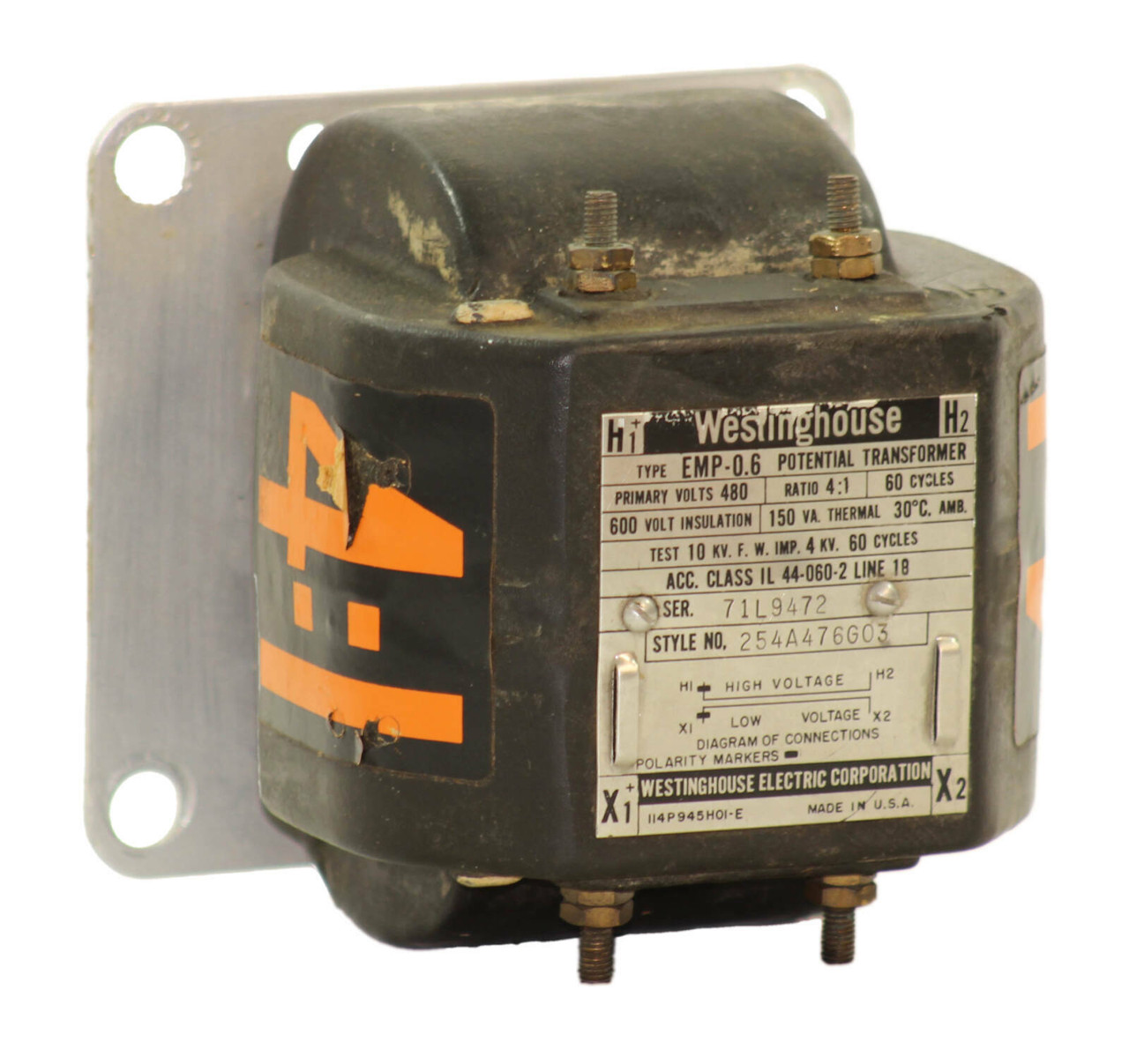 Westinghouse 254A476G03 Transformer 4kVA Primary: 480 Secondary: 120 60 Cycles