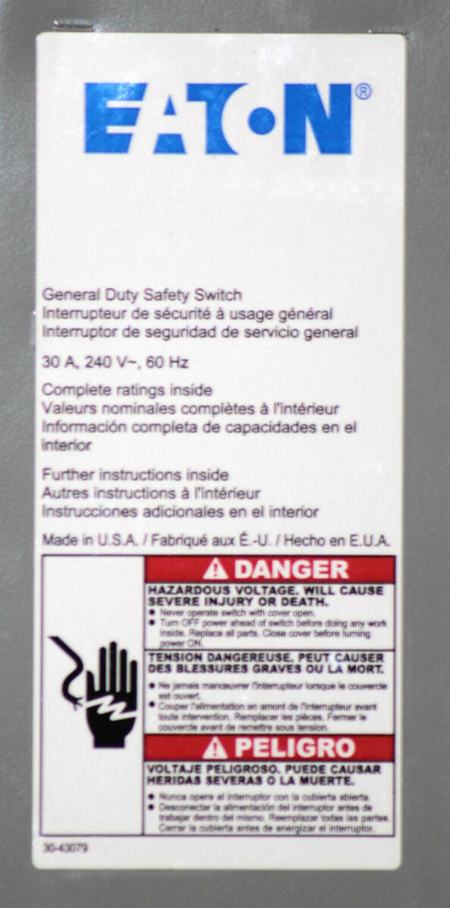 Eaton DG221UGB Non-Fusible Disconnect 30A 240V 2P NEMA: 1 Non-Fusible: Yes Safety Switch General Duty