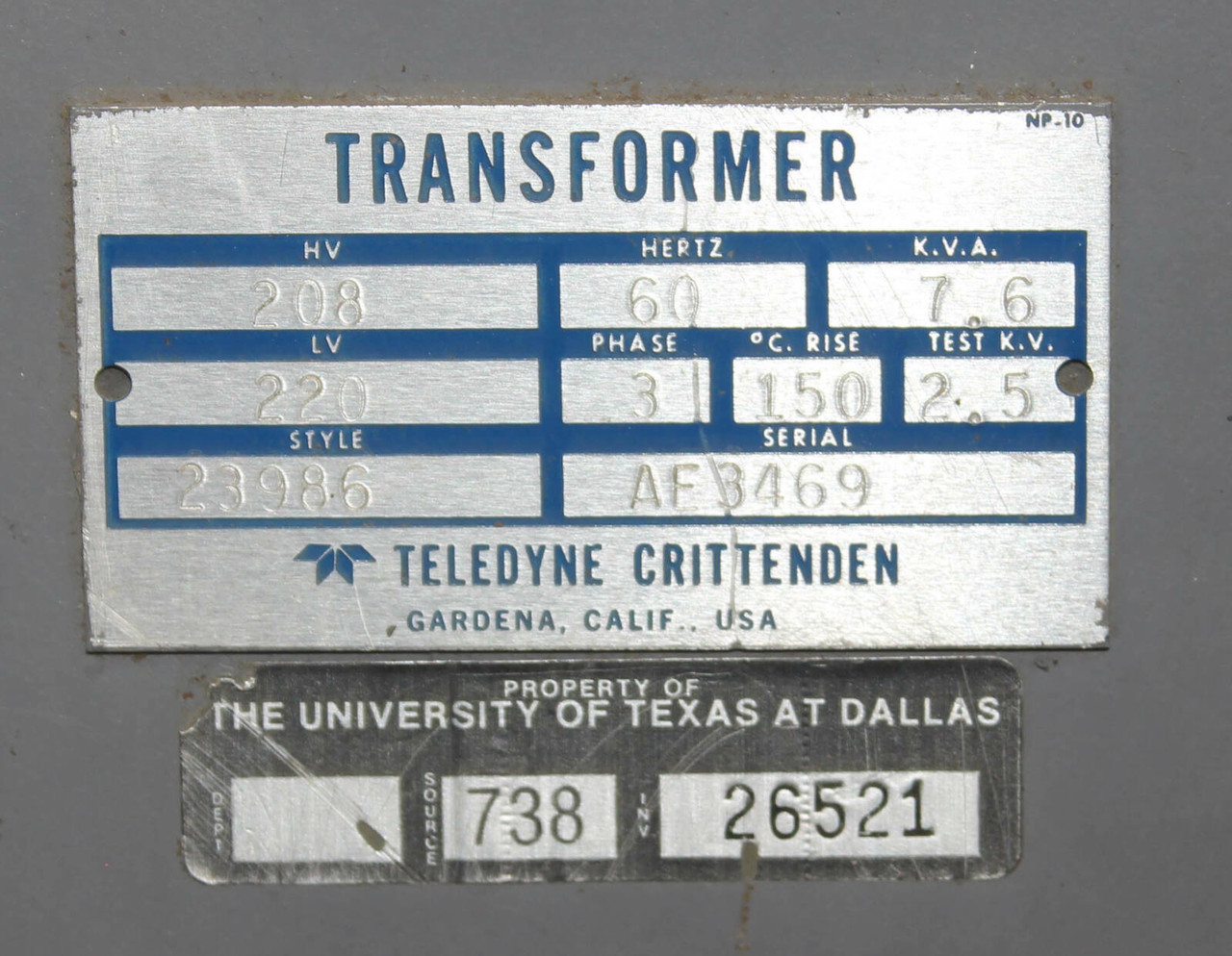 Teledyne Crittenden AE3469 Transformer | 7.6kVA | 208V Primary | 220V Secondary | 3PH | 60Hz | 150°C Rise