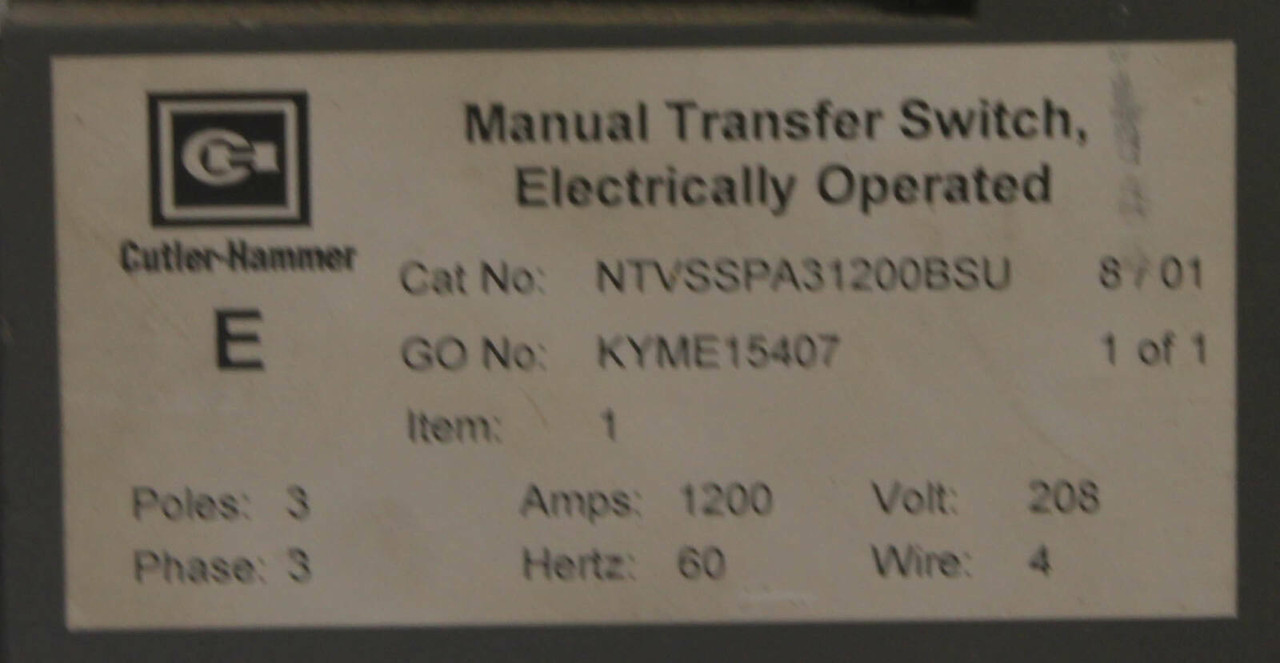 Cutler Hammer SPBN Vacu-Break 1200A 600V 3 Poles 35kA w/Shunt Trip and Auxiliary