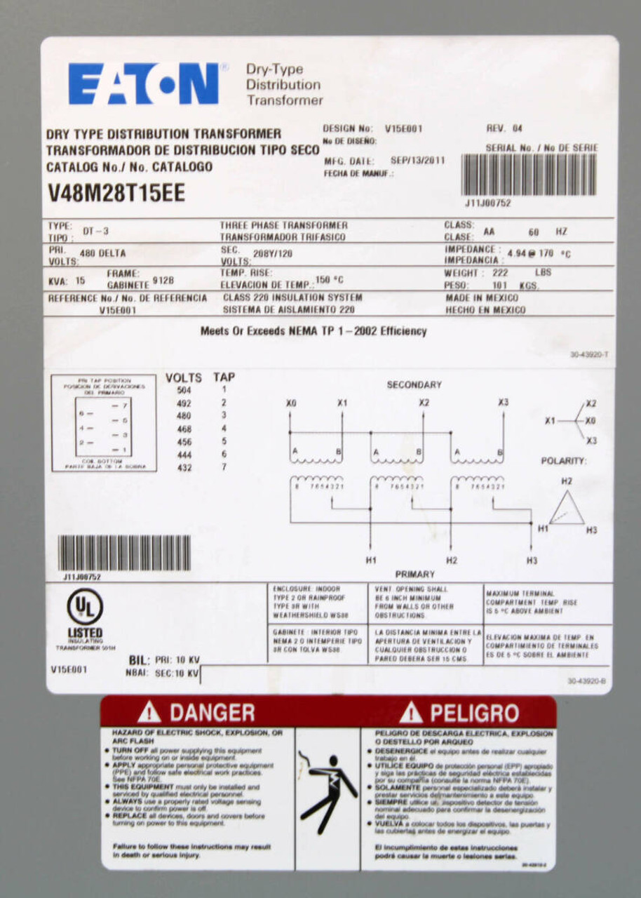 Eaton V48M28T15EE Dry-Type Transformer PV:480V SV:208Y/120V 3PH 15kVA NEMA TP-1