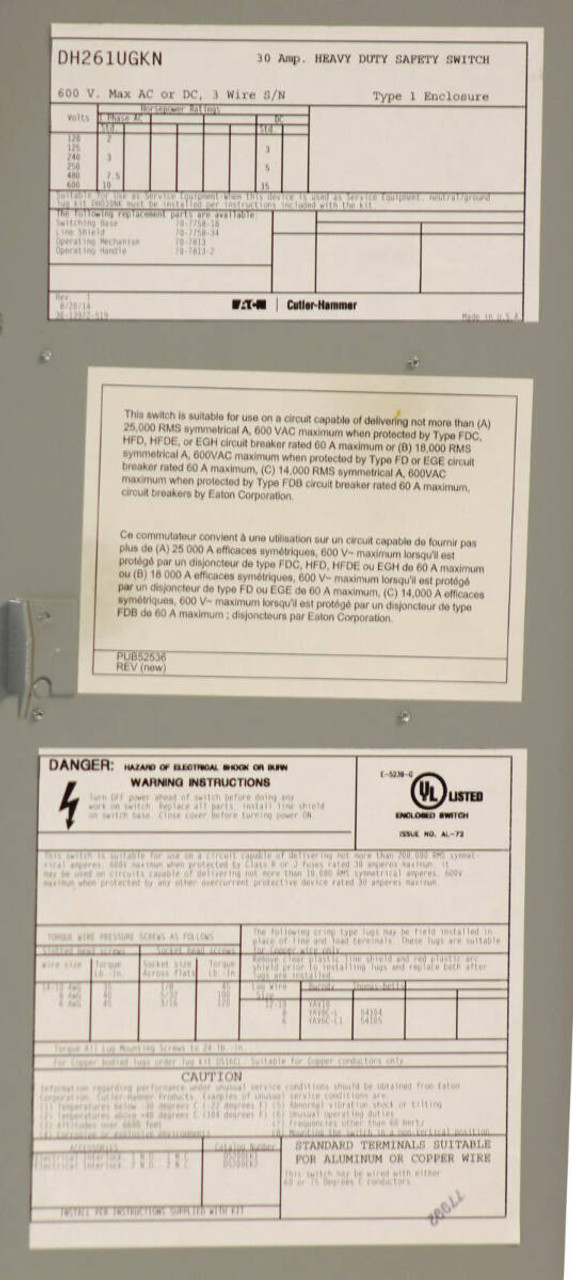 Eaton DH261UGKN Heavy Duty Safety Switch 30A 600V 3P NEMA: 1 Non-Fusible: Yes Heavy Duty Safety Switch