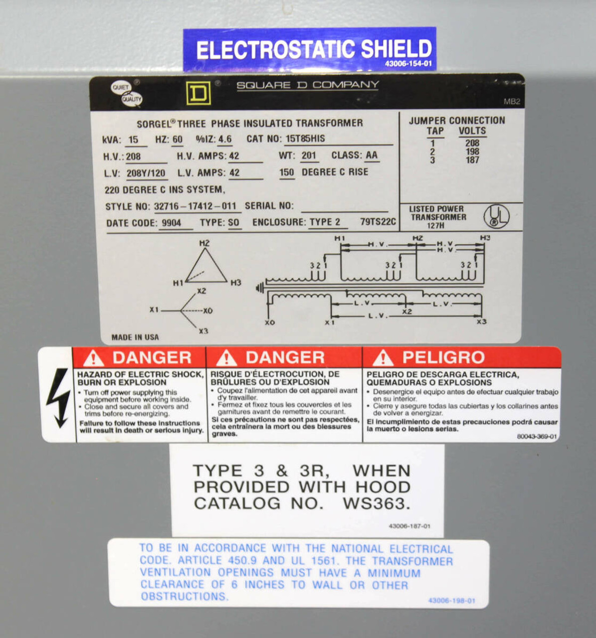 Square D 15T85HIS Transformer | 15kVA | 208V Primary | 208Y/120V Secondary | 3 Phase | 150°C Rise | Sorgel Square D 15T85HIS Transformer | 15kVA | 208V Primary | 208Y/120V Secondary | 3 Phase | 150°C Rise | Sorgel