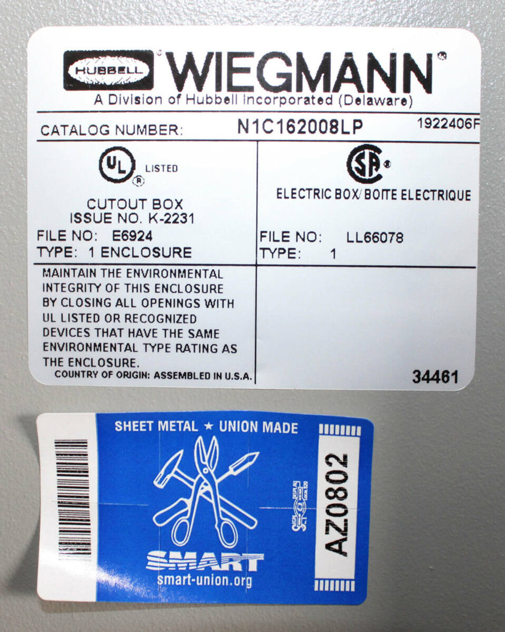 Wiegmann N1C162008LP Hinged Door Wall-Mount Enclosure NEMA: 1 D: 8 5/8 Inches H: 20 Inches W: 16 Inches