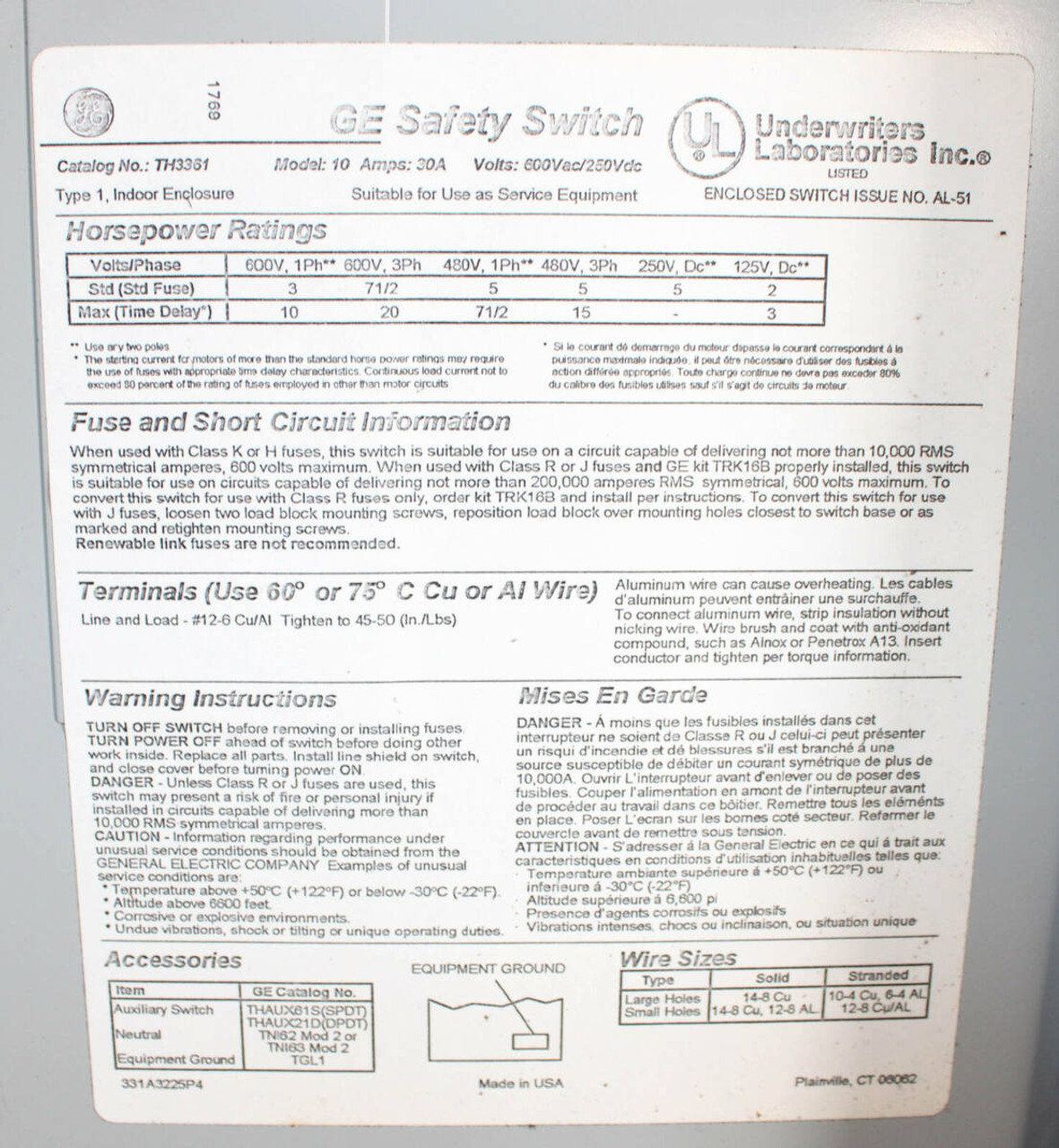 General Electric TH3361 Heavy Duty Safety Switch 30A 600V 3P NEMA: 1