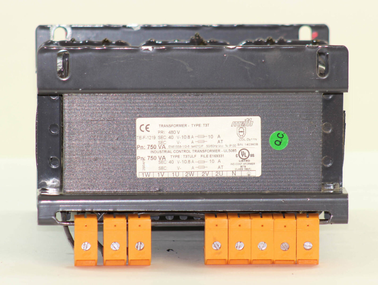 Meth T3TULF Transformer .75KVA Primary: 480V Secondary: 40V TE-F-1219
