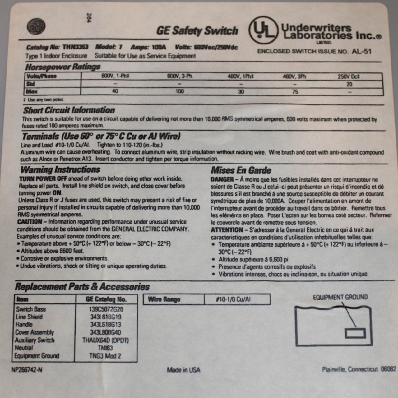 General Electric THN3363 Non-Fusible Disconnect | 100A | 600V | 3-Pole | NEMA 1 | Heavy Duty