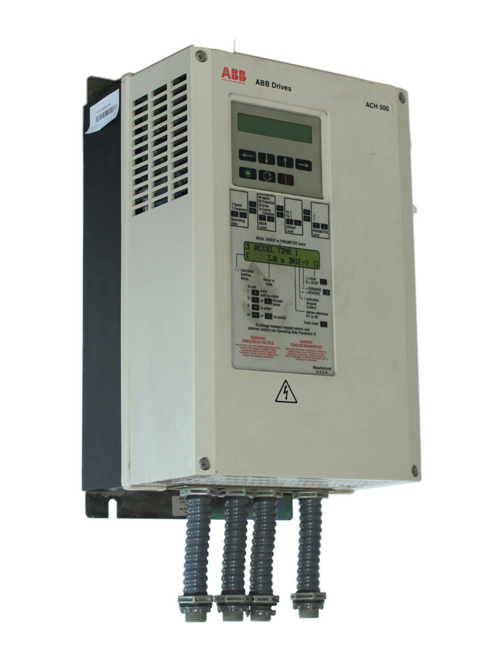 ABB ACH501-015-4-00P2 Drive 21A 440-500V 15HP Output: 0-Vin VAC 3PH 0-500Hz Type 1 Input Current: 18.9 A/ Output Current: 21 A. Input Frequency: 50Hz, 60Hz. Voltage Type AC, Power: 11.185515503124 KW.