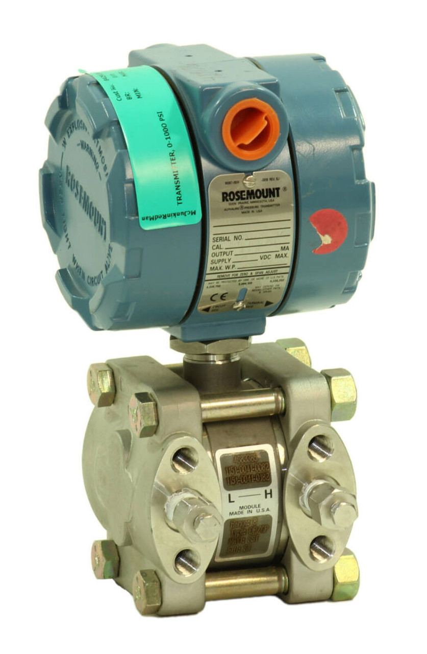 Rosemount 1151DP8E22B1 Differential Pressure Transmitter CAL 0-1000 PSI Output 4-20 MA Supply 45VDC MAX. MAX. W.P. 2000 PSI Range: 8 Type: DP/GP Mat'l: SST Fill: SIL Nema 4X .