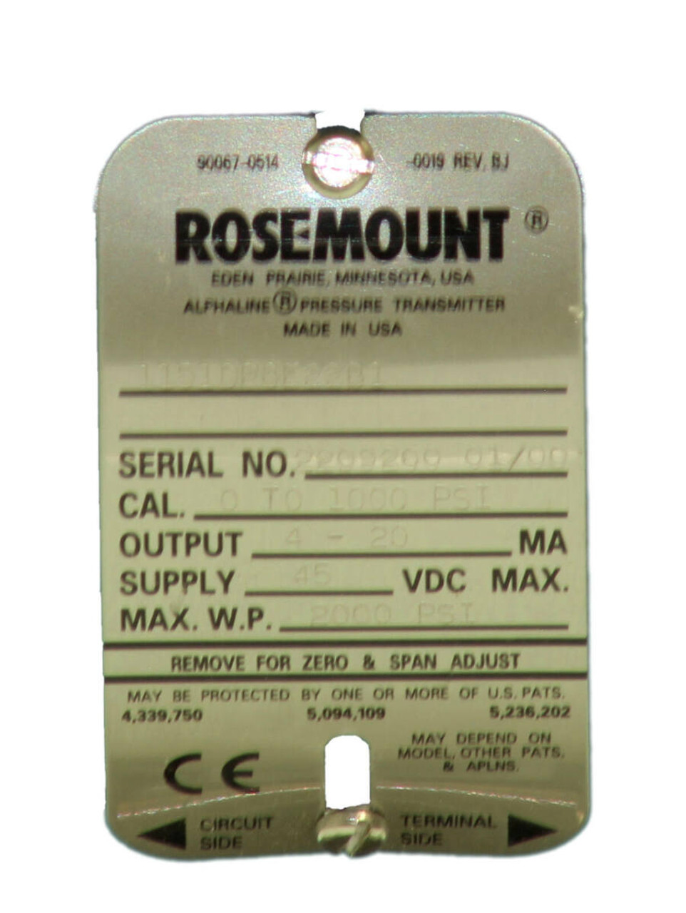 Rosemount 1151DP8E22B1 Differential Pressure Transmitter CAL 0-1000 PSI Output 4-20 MA Supply 45VDC MAX. MAX. W.P. 2000 PSI Range: 8 Type: DP/GP Mat'l: SST Fill: SIL Nema 4X .