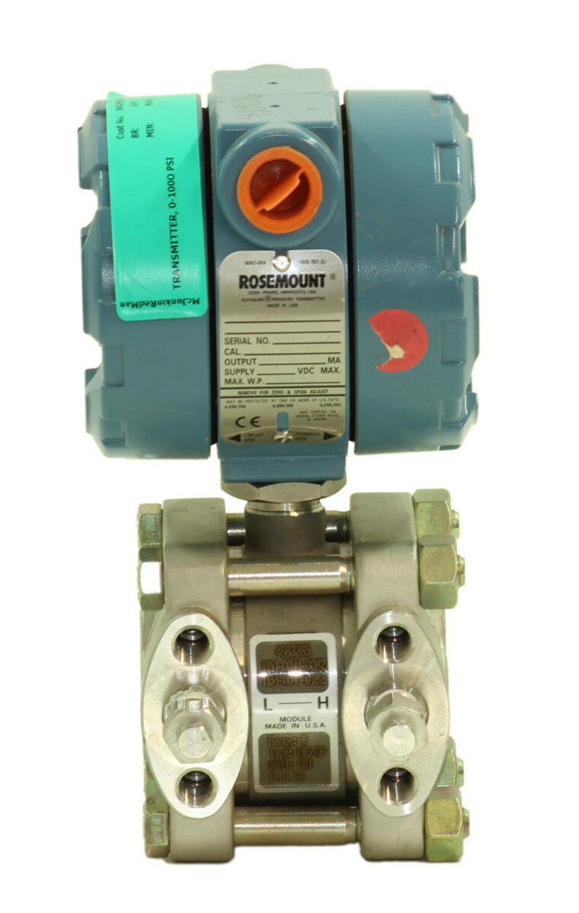 Rosemount 1151DP8E22B1 Differential Pressure Transmitter CAL 0-1000 PSI Output 4-20 MA Supply 45VDC MAX. MAX. W.P. 2000 PSI Range: 8 Type: DP/GP Mat'l: SST Fill: SIL Nema 4X .