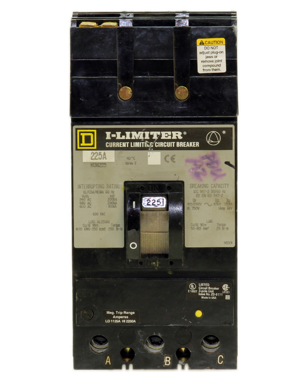 Square D KI36225 Breaker 225A 600V 3P 100kA I-Line I-Limiter