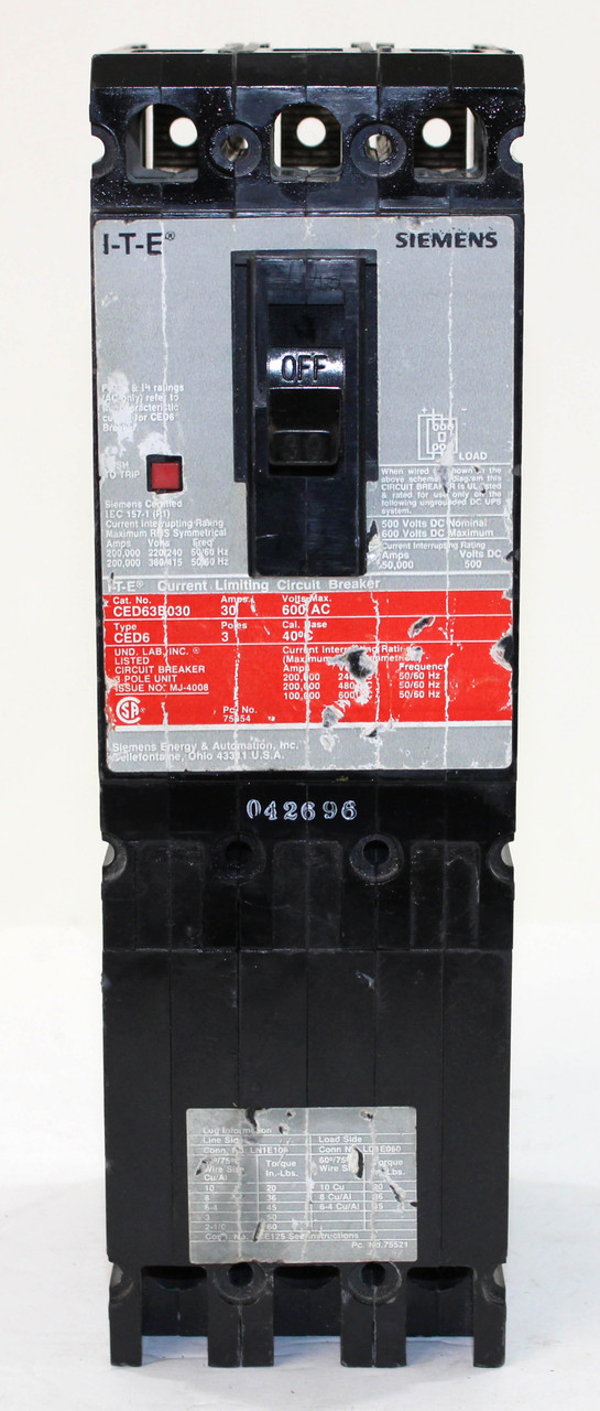 Siemens CED63B030 Breaker 30A 600V 3P 3PH 100kA