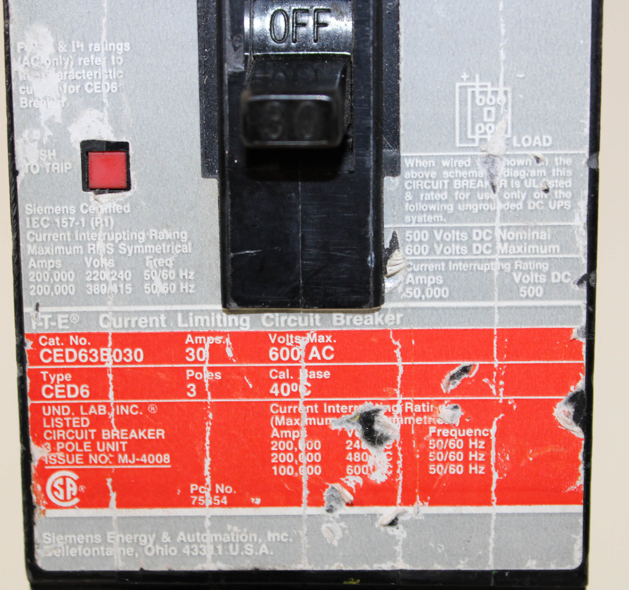 Siemens CED63B030 Breaker 30A 600V 3P 3PH 100kA