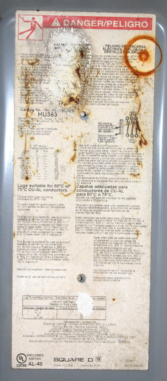 Square D HU363 Non-Fusible Disconnect | 100A | 600V | 3-Pole | NEMA 1 Indoor | Heavy Duty