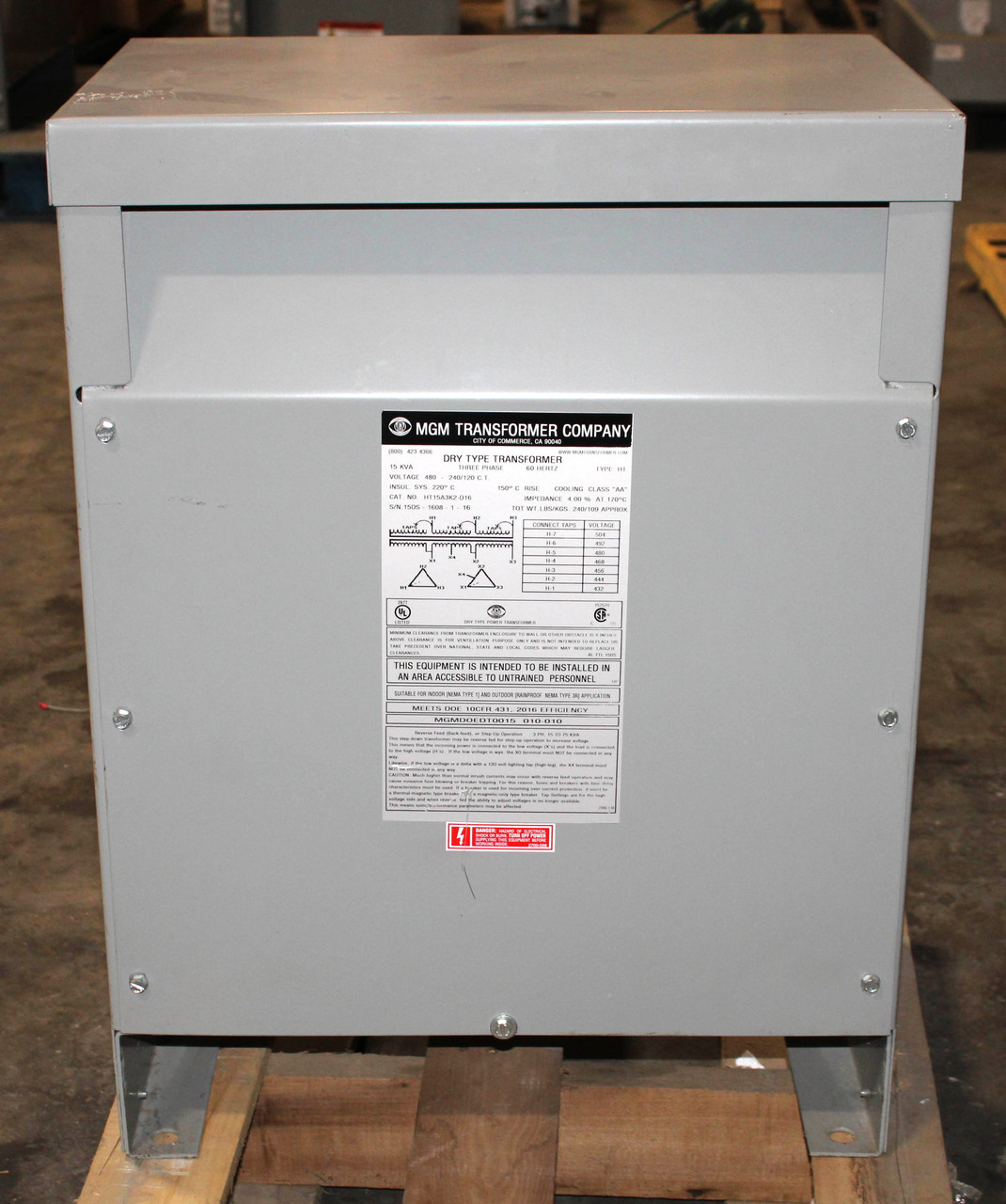 MGM HT15A3K2-D16 Transformer 15kVA Primary: 480V Delta Secondary: 240Y/120V 3Ph