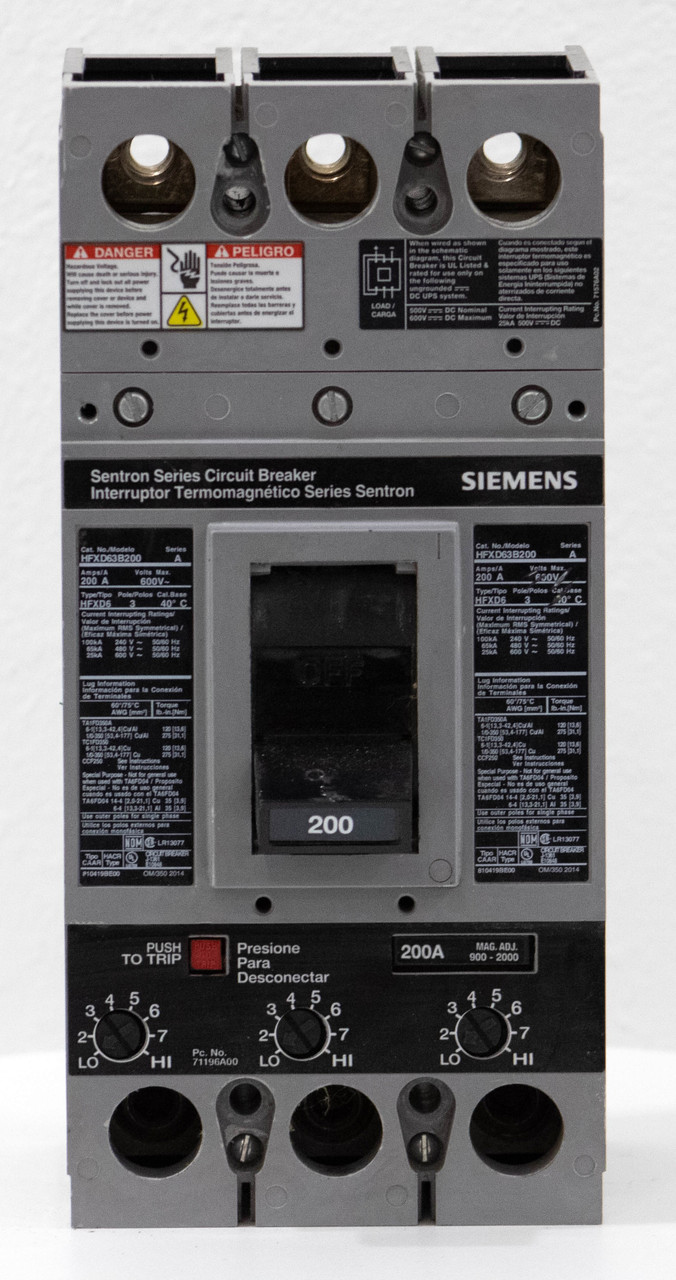 Siemens HFXD63B200 Breaker 600V 200A 3P 25KA Sentron HFXD6 Trip Adjustment