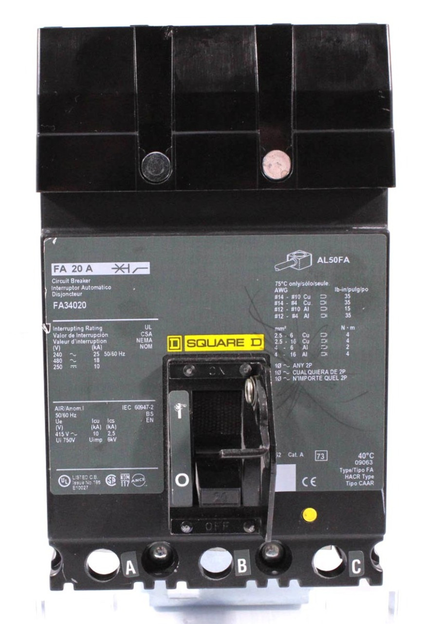 Square D FA34020 Breaker 20A 480V 3P 18kA Plug-In