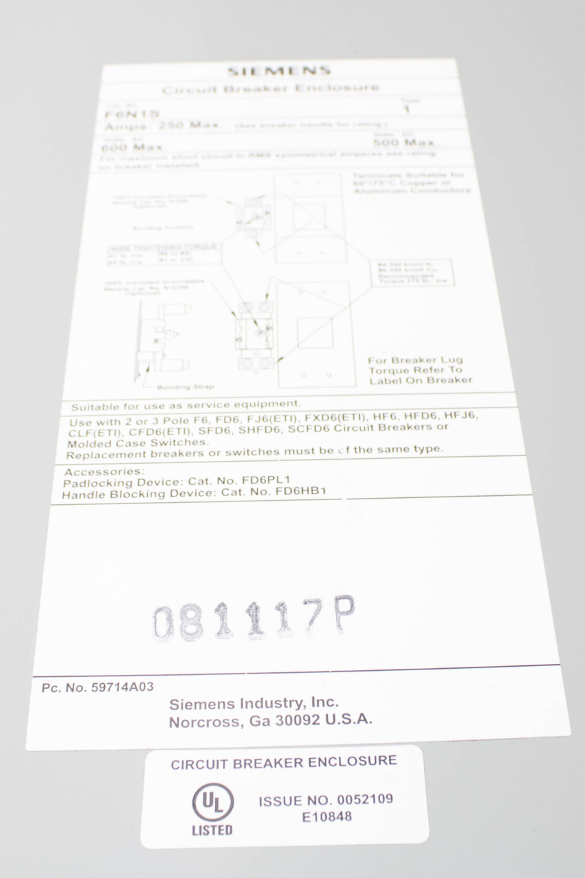 Siemens F6N1S Breaker Enclosure Indoor 250A 600V 500VDC Type 1