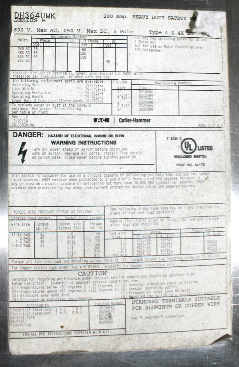 Eaton DH364UWK Safety Switch Disconnect 200A 600V 250vDC 3P Stainless Enclosure