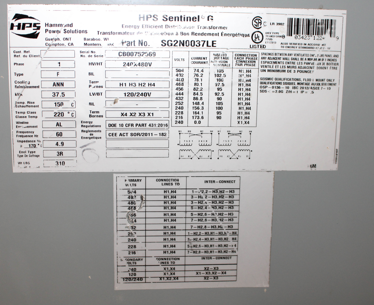 Hammond Power Solutions 2N0037LE Transformer 1PH 37kVA 240/480Vi 120/240Vi AL Sentinel G