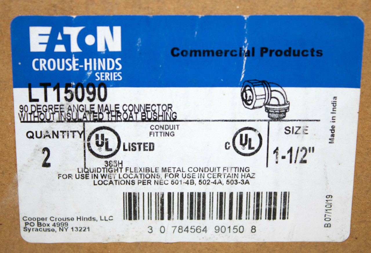 Eaton Crouse Hinds LT15090 90 Degree Angle Male Connector Without Insulated Throat Bushing 1-1/2 in