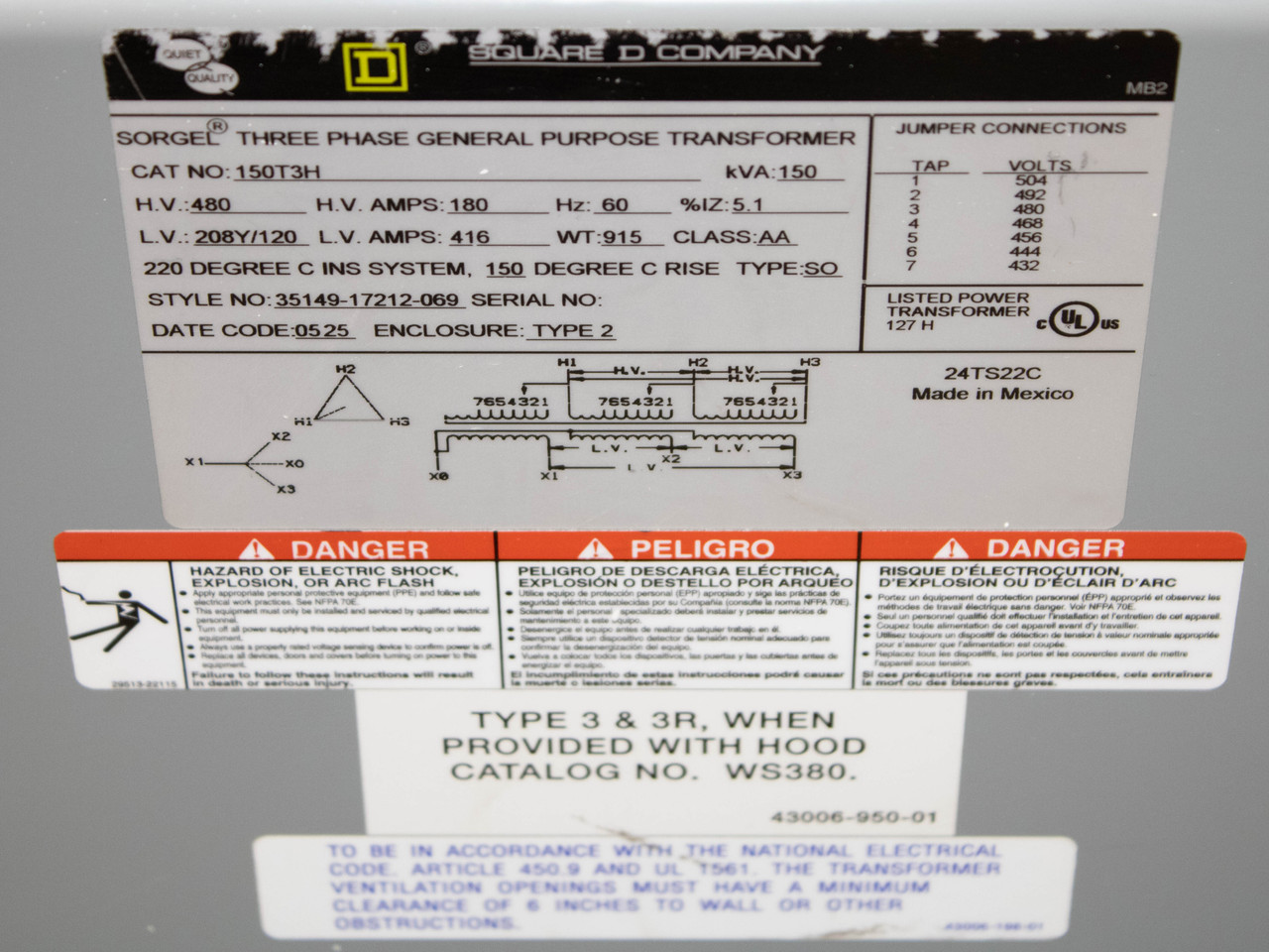 Square D 150T3H Transformer 480V 3PH 150kVa Type 2 Class AA Insulated