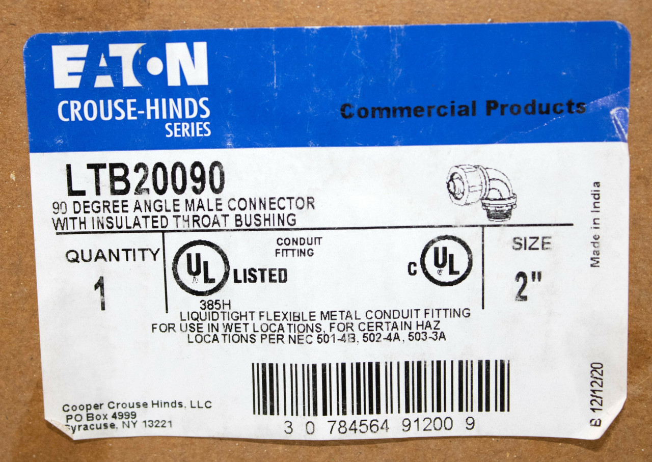 Eaton Crouse Hinds LTB20090 90 Degree Angle Male Connector  With Insulated Throat Bushing 2-in